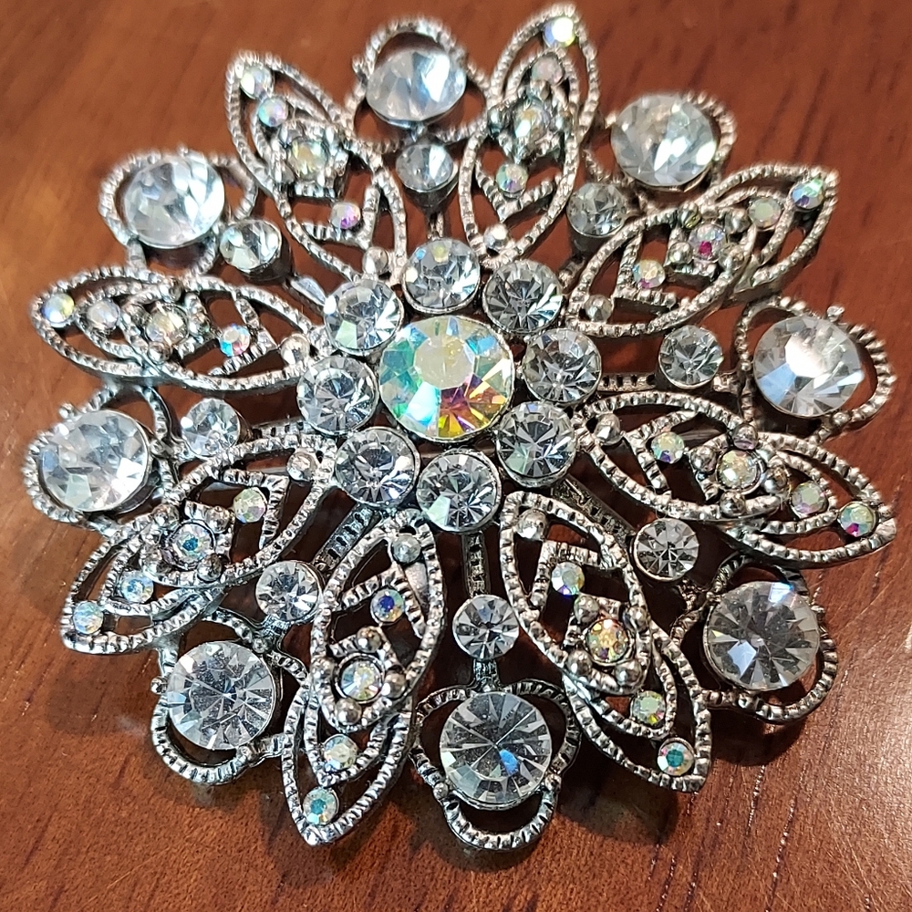 Monet Womens Vintage Silver Tone Clear and AB Rhinestone Brooch